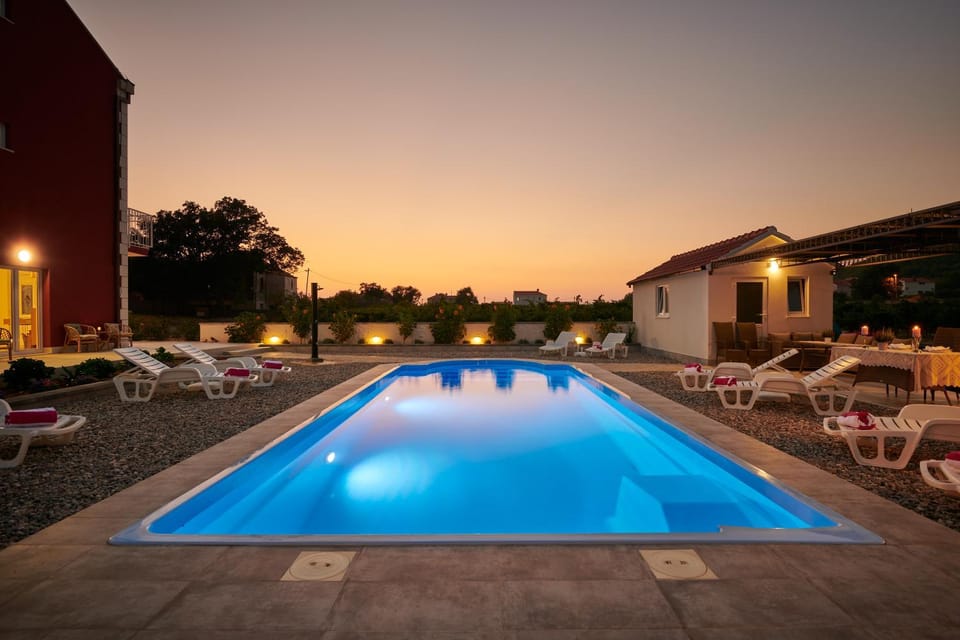Natural landscape, Pool view, Swimming pool, Sunset, sunbed