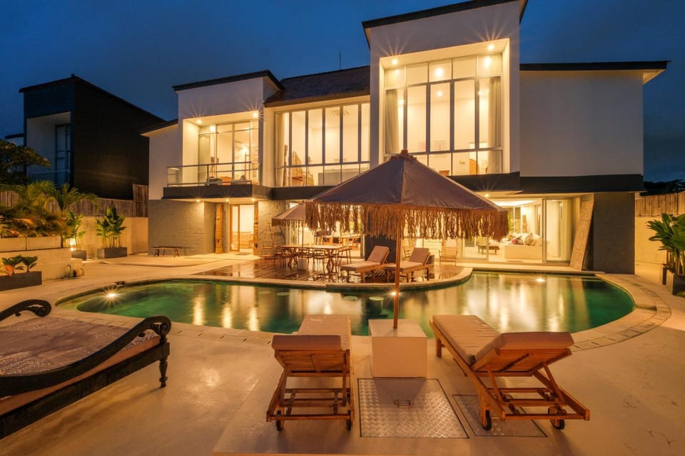 Property building, Patio, Night, Pool view