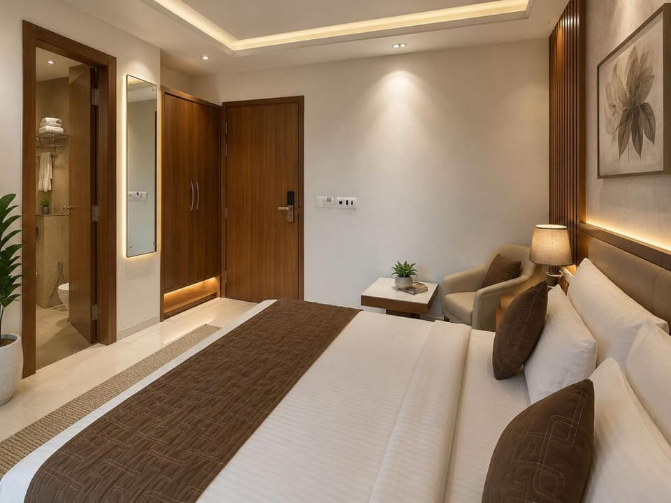 Bed, Seating area, Bedroom