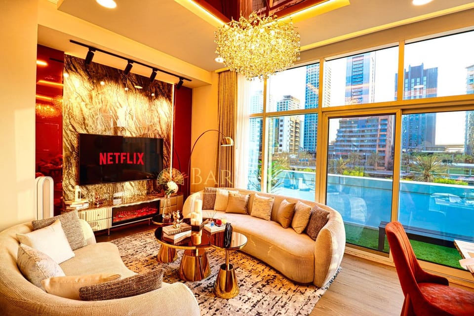 TV and multimedia, Living room, Seating area, Lake view, fireplace