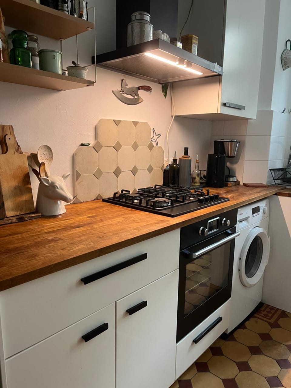 Kitchen or kitchenette, stove, kitchen