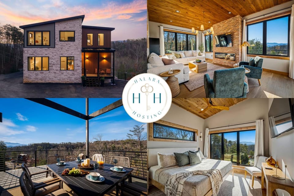 View (from property/room), Balcony/Terrace, Living room, Dining area, Mountain view, fireplace