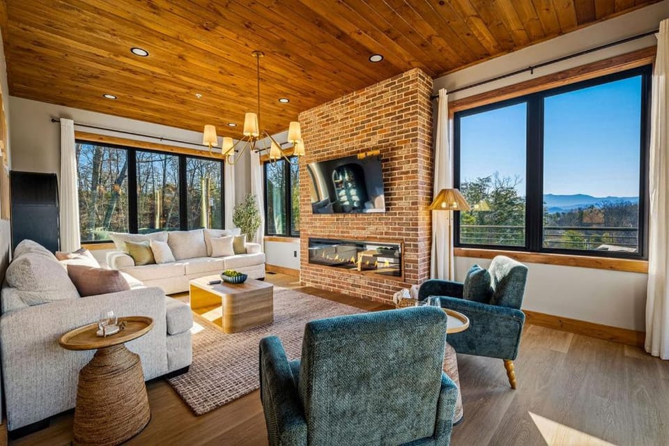 Living room, Seating area, Mountain view, fireplace
