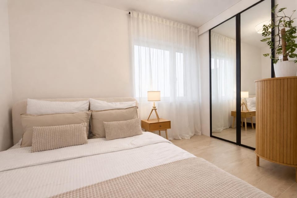 Bed, wardrobe