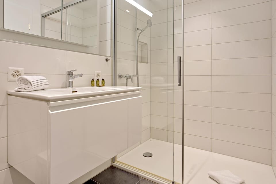 Shower, Toilet, Bathroom, hair dryier, towels