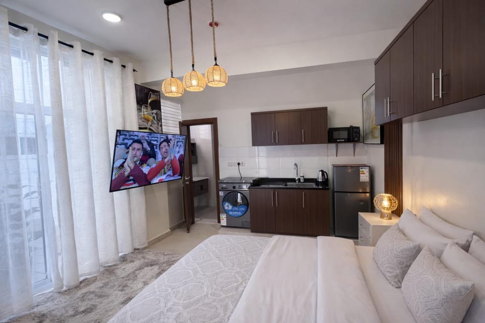 Bed, TV and multimedia, Kitchen or kitchenette, Photo of the whole room, Bedroom, stove