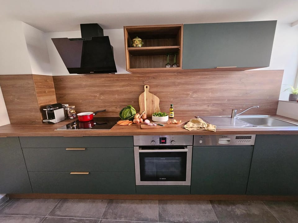 Kitchen or kitchenette, stove