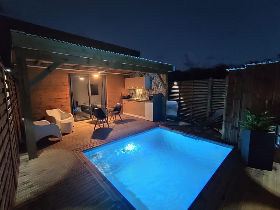 Night, Living room, Pool view, Swimming pool