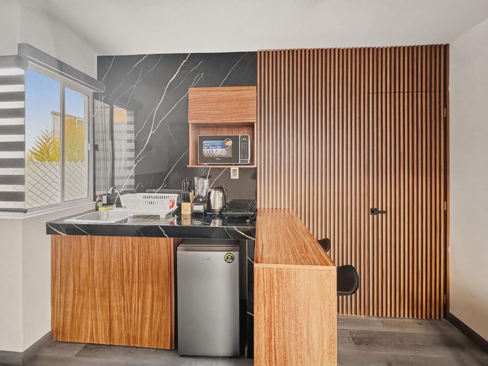 Kitchen or kitchenette, stove