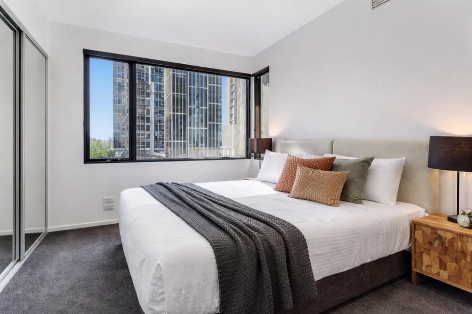 Bed, Bedroom, City view, wardrobe