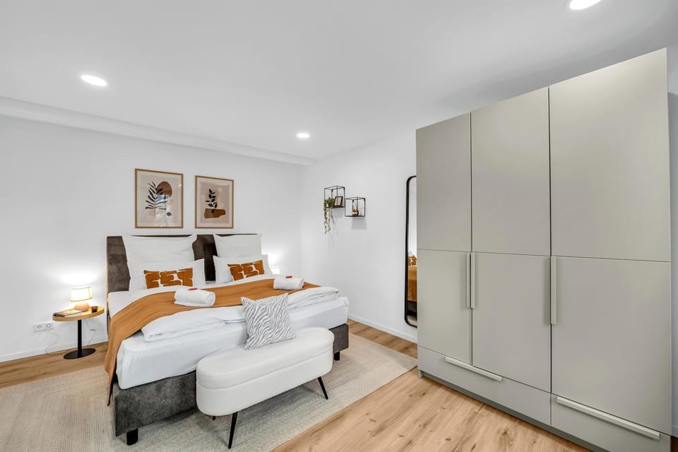 Bed, wardrobe