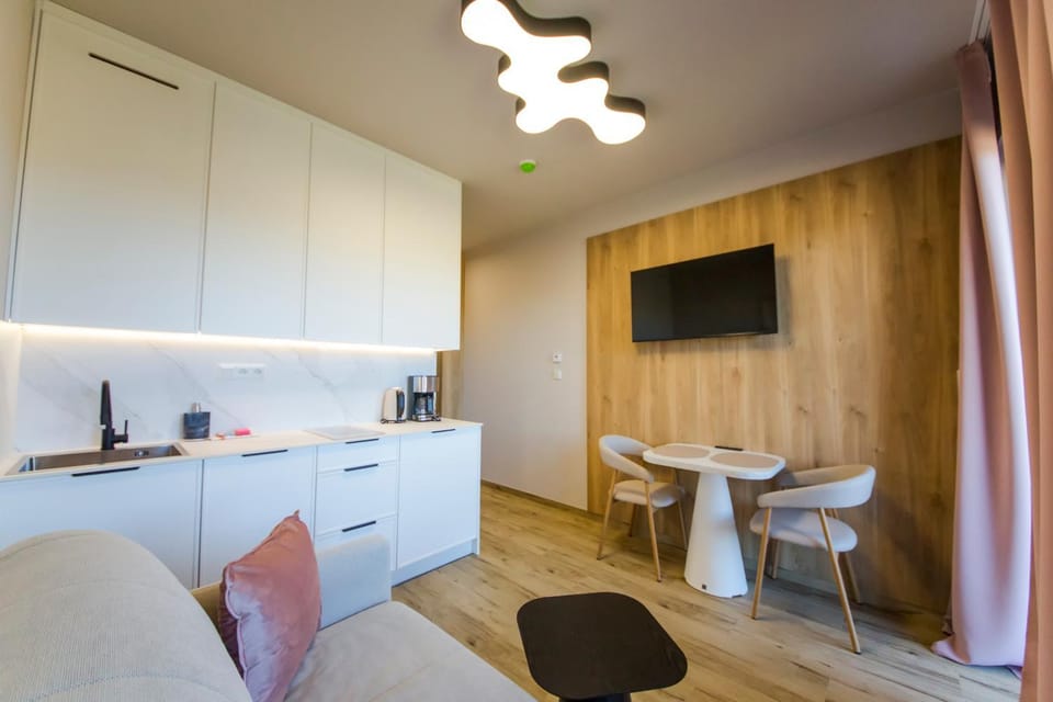 Kitchen or kitchenette, Living room, Seating area, Dining area