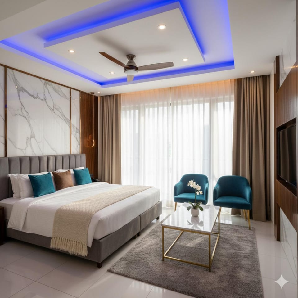 Bed, TV and multimedia, Living room, Photo of the whole room, Seating area, Bedroom, fireplace