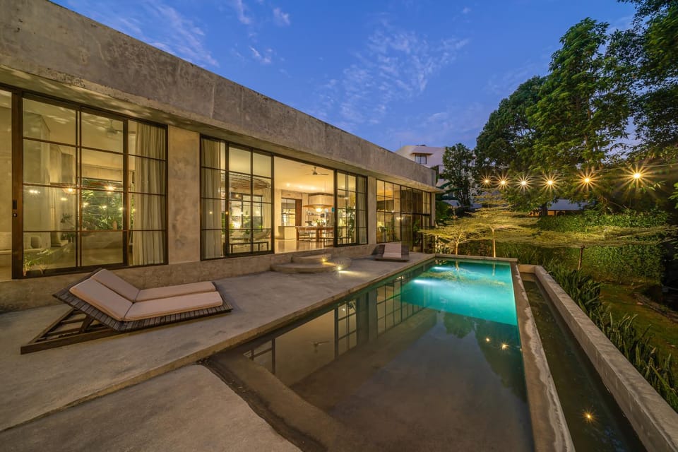 Property building, Night, Natural landscape, Garden, Garden view, Pool view, Swimming pool, sunbed