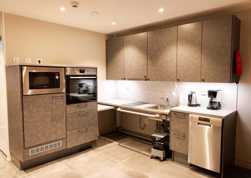 Kitchen or kitchenette, dishwasher, oven, stove