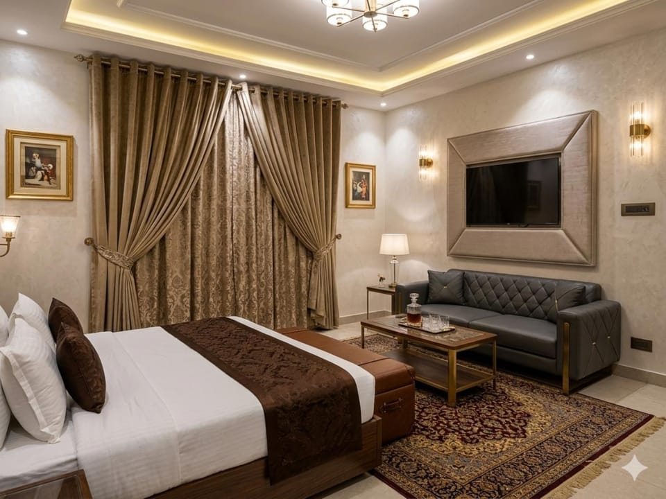 Bed, TV and multimedia, Living room, Photo of the whole room, Seating area, Bedroom