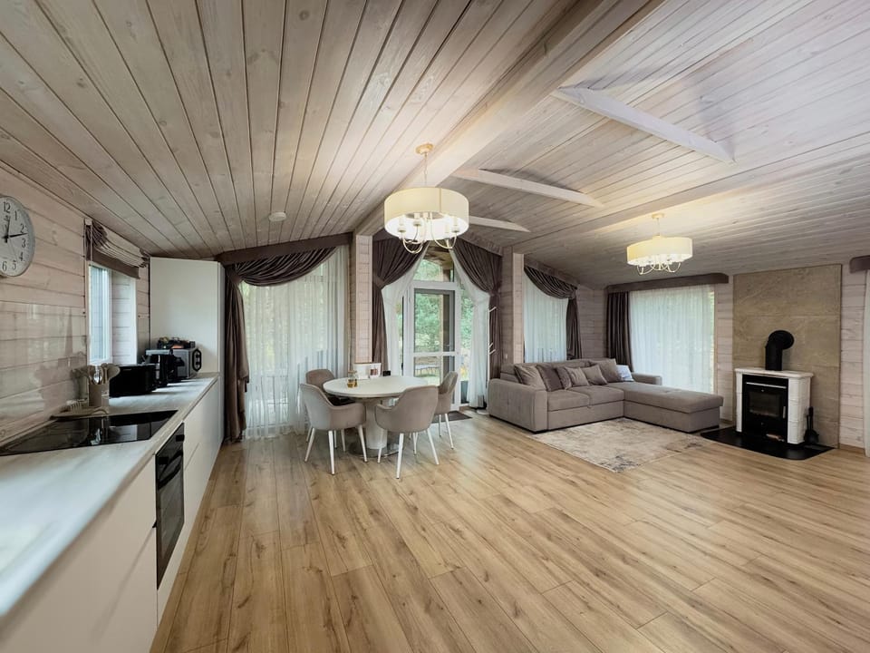 Kitchen or kitchenette, Living room, Photo of the whole room, Seating area, Dining area, fireplace, oven, stove