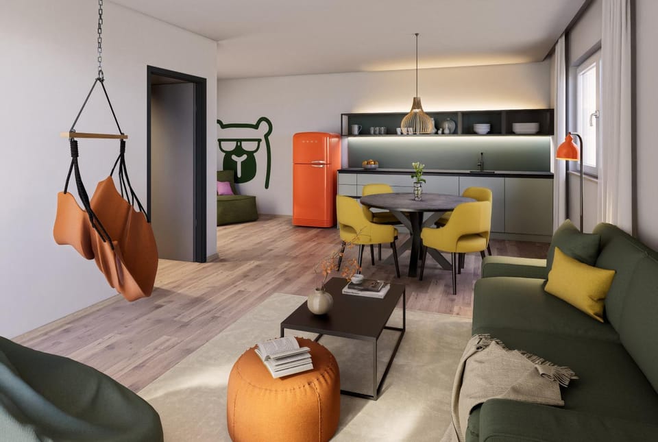Kitchen or kitchenette, Living room, Seating area, Dining area