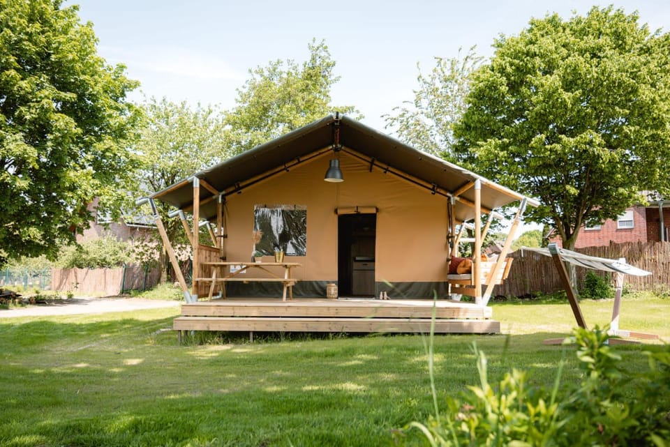 Large Safari Tent with Terrace on Nature Campground in France Luxury tent in Auvergne-Rhône-Alpes
