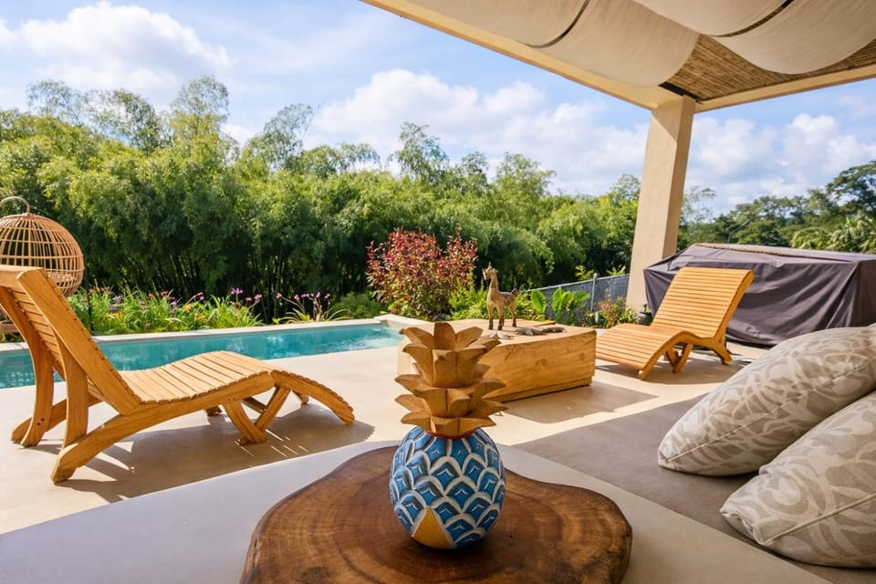 Patio, Spring, Day, Natural landscape, Garden, View (from property/room), Balcony/Terrace, Living room, Seating area, Garden view, Pool view, Swimming pool