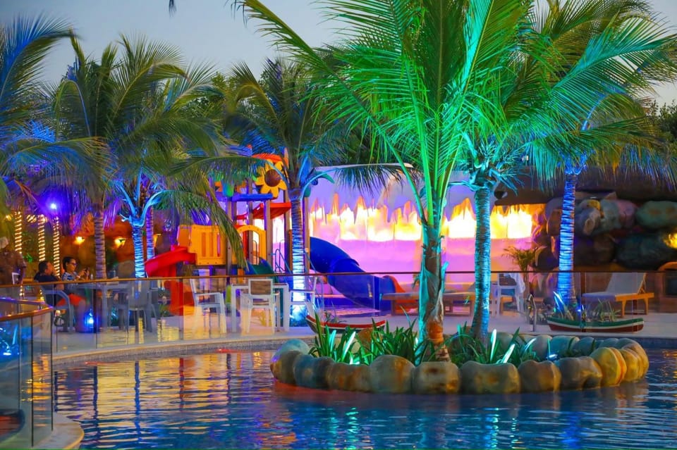 Night, Children play ground, Aqua park, Swimming pool