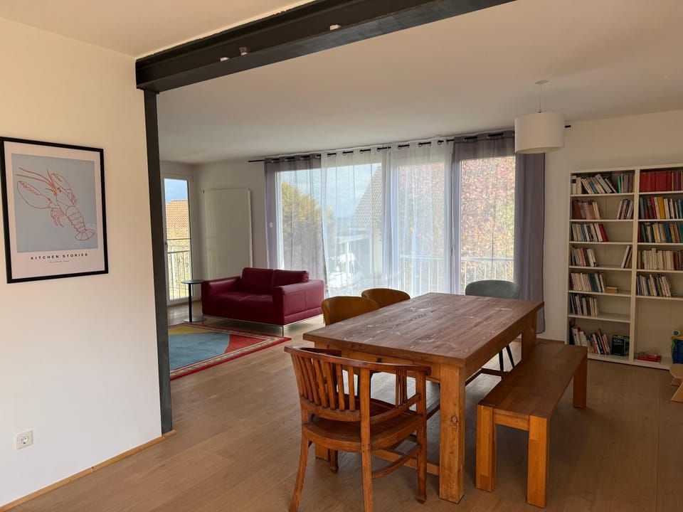 Library, Living room, Seating area, Dining area