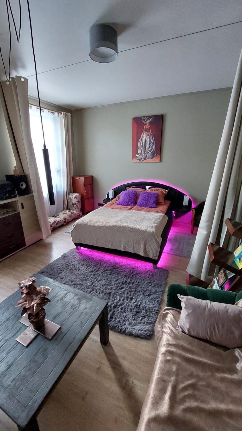 Bed, Seating area, Bedroom