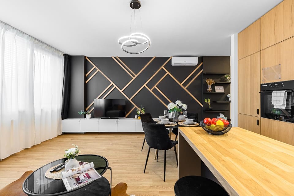 Kitchen or kitchenette, Living room, Seating area, Dining area, oven