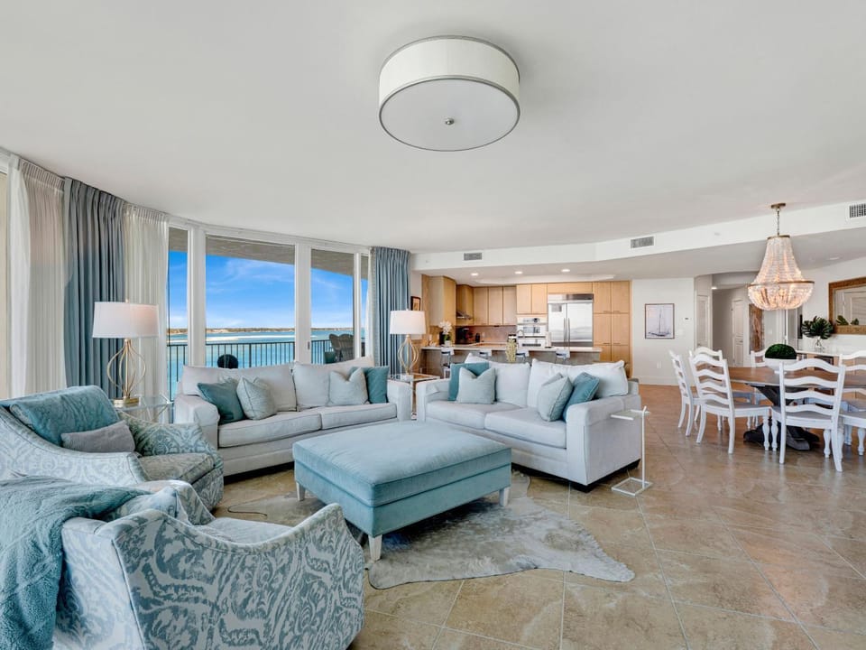 Kitchen or kitchenette, Living room, Dining area, Sea view, furniture, air conditioner