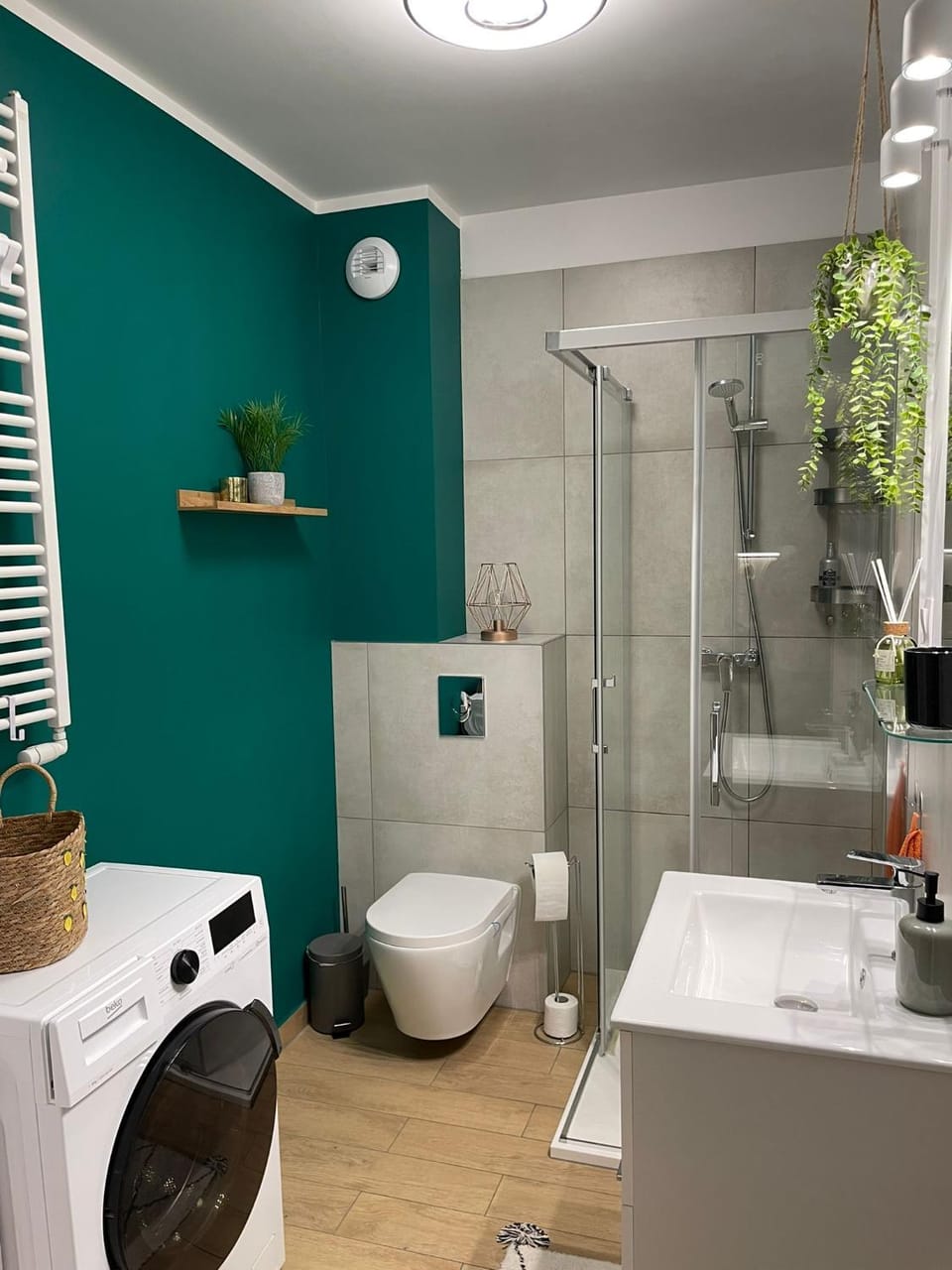Shower, Bathroom, hair dryier, towels, washing machine