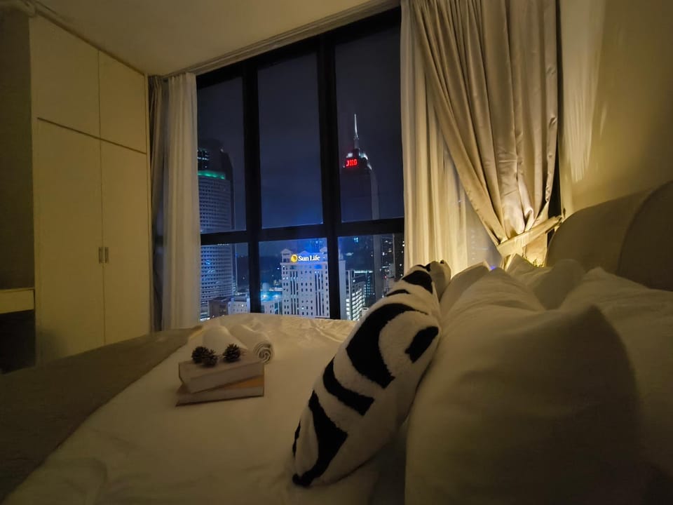 Bed, Bedroom, City view, wardrobe