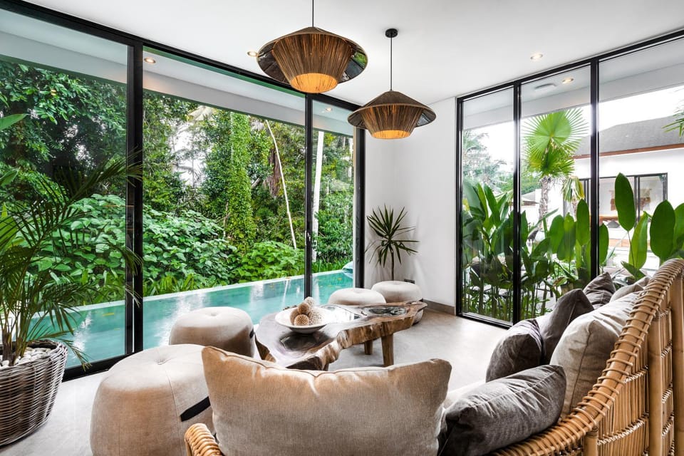 Natural landscape, Living room, Seating area, Garden view, Pool view