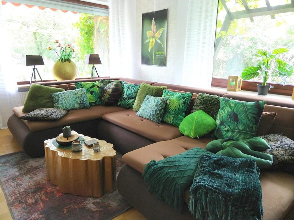 Living room, Decorative detail, Seating area, Garden view