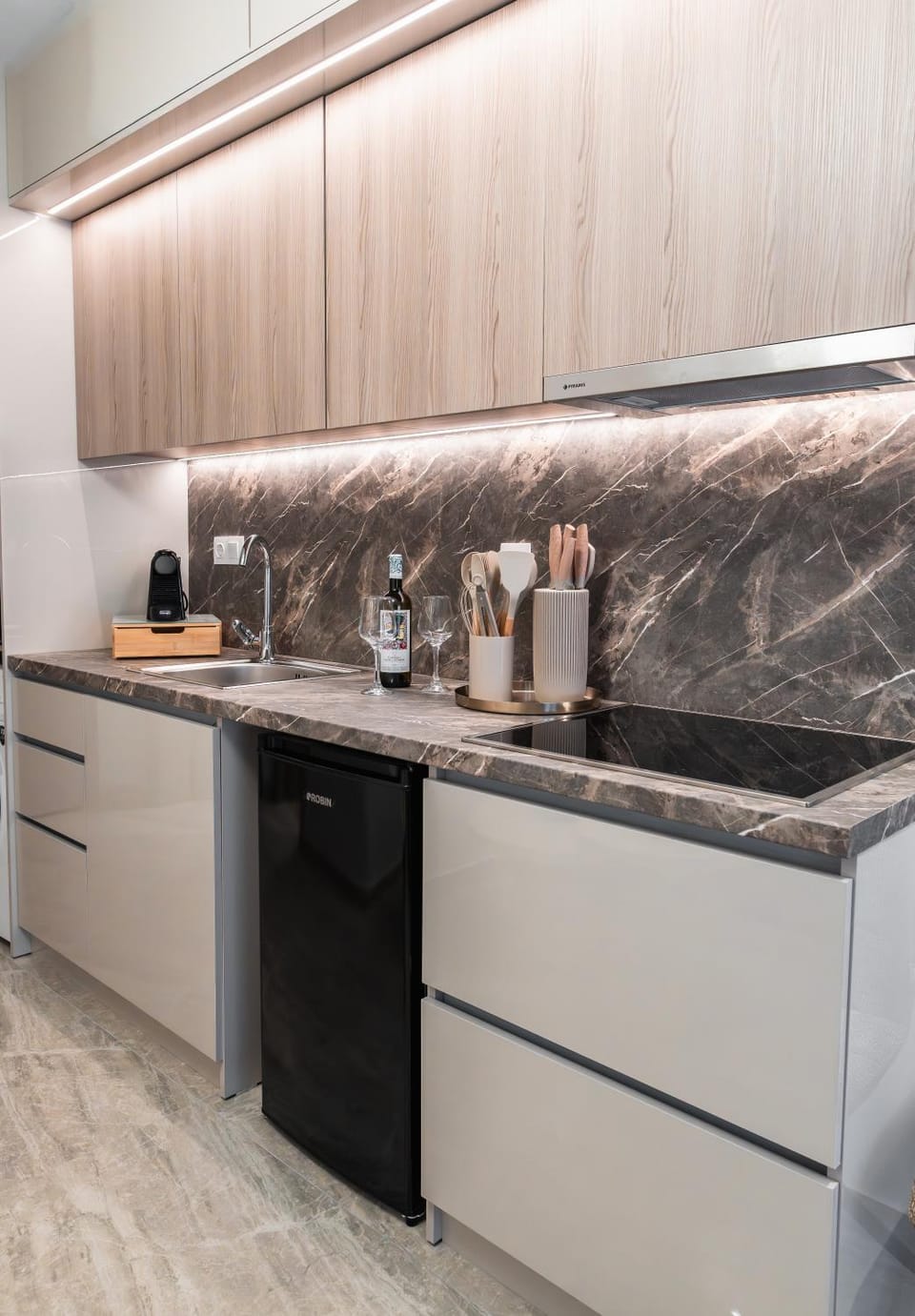 Kitchen or kitchenette, stove