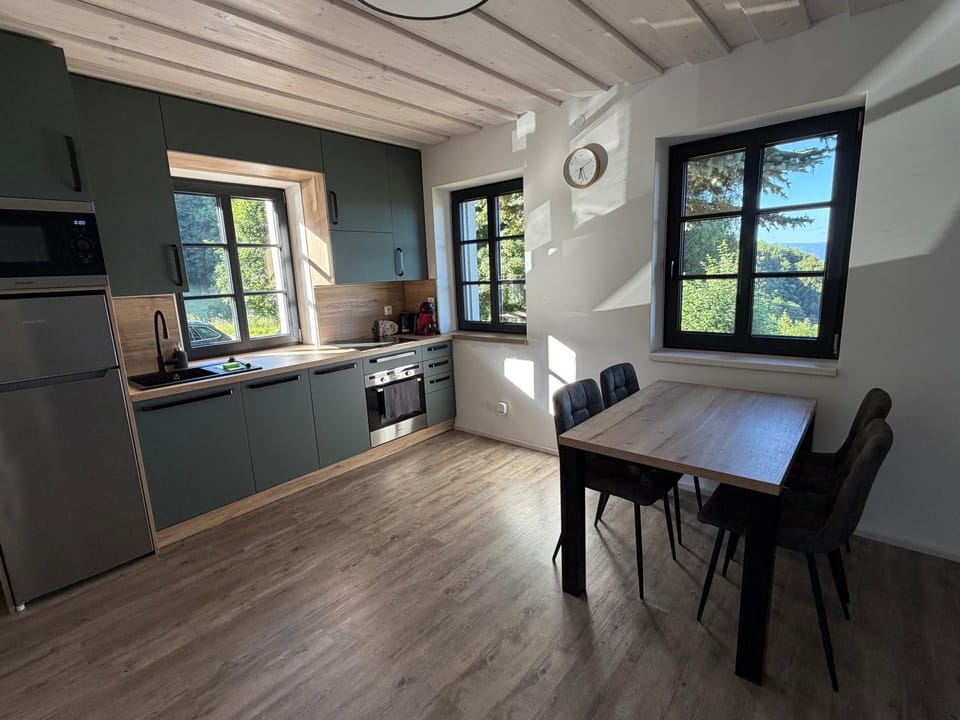 Coffee/tea facilities, Kitchen or kitchenette, Dining area, oven, stove