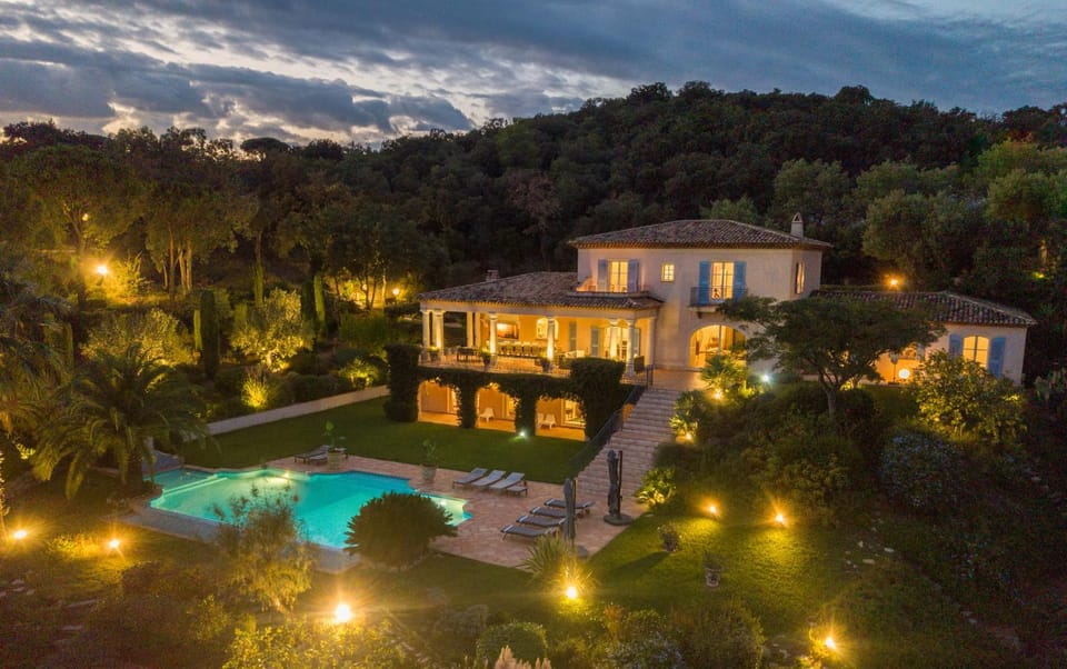 Property building, Patio, Night, Natural landscape, Garden, Garden, Garden view, Pool view, Swimming pool