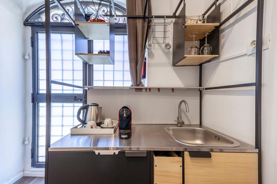 Kitchen or kitchenette, stove