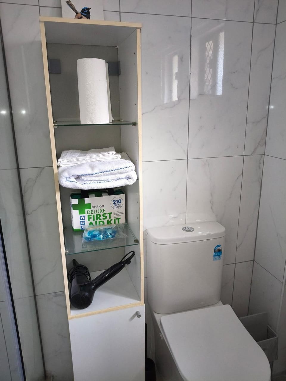 Shower, Toilet, hair dryier, towels