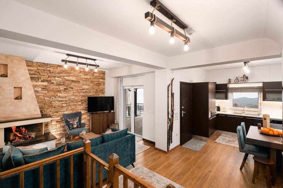 Living room, Photo of the whole room, fireplace, kitchen