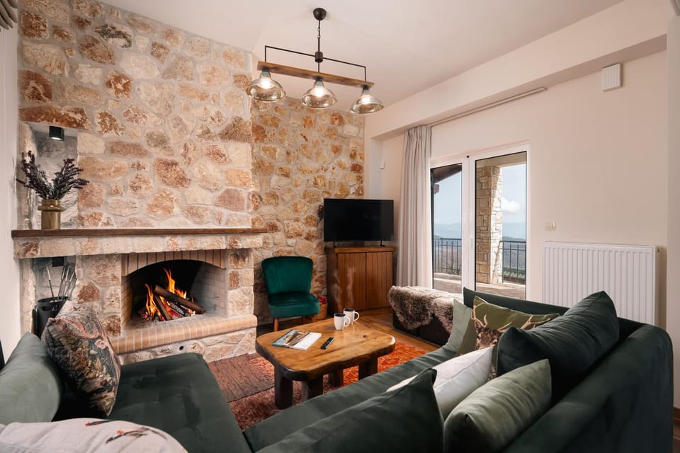 Living room, Seating area, Mountain view, fireplace