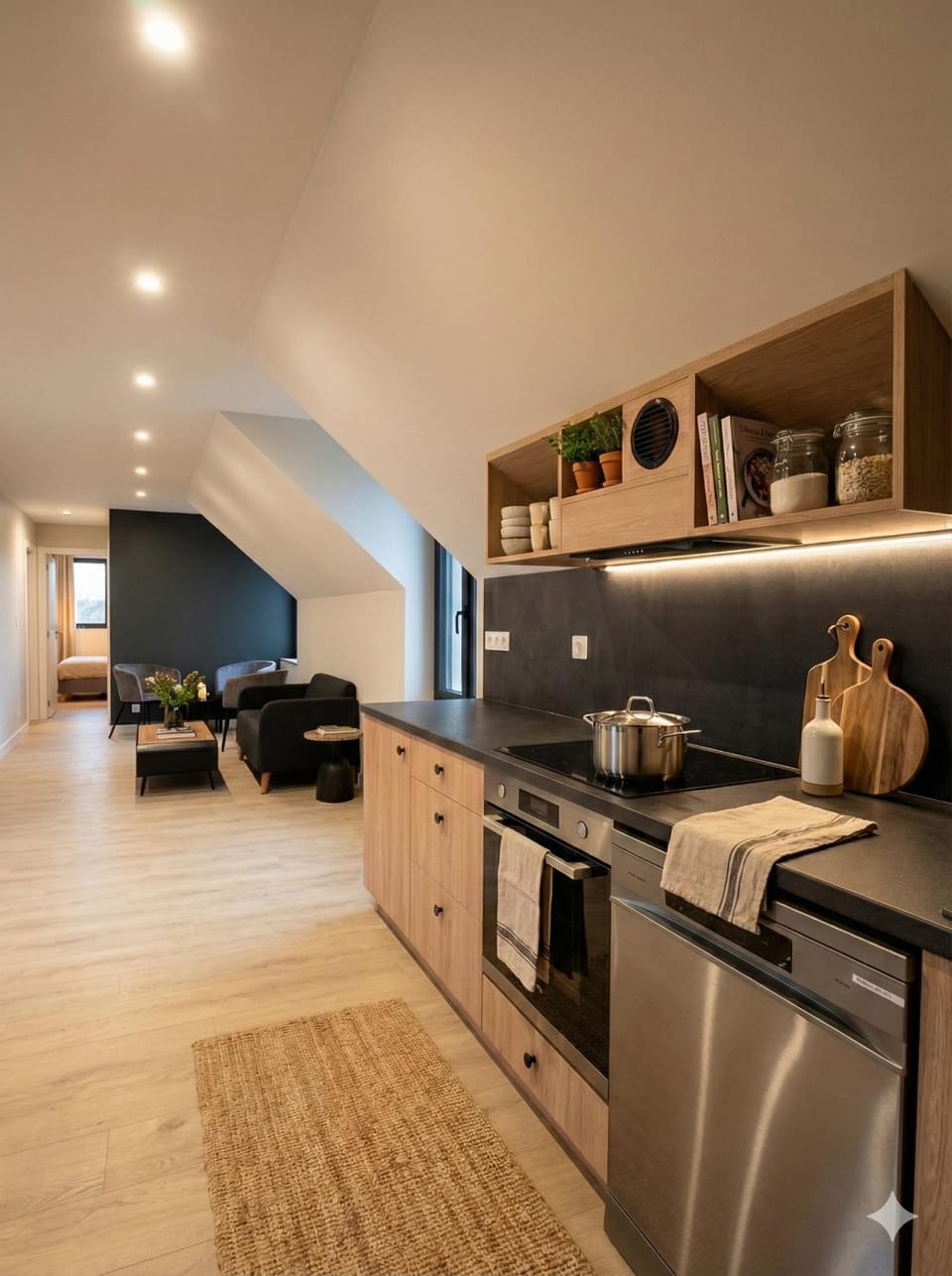 Kitchen or kitchenette, Living room, dishwasher, oven, stove