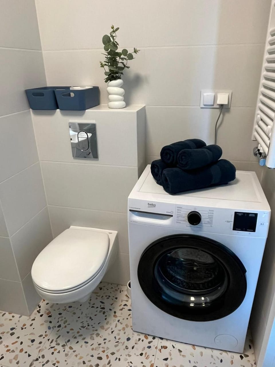 Toilet, Bathroom, towels, washing machine