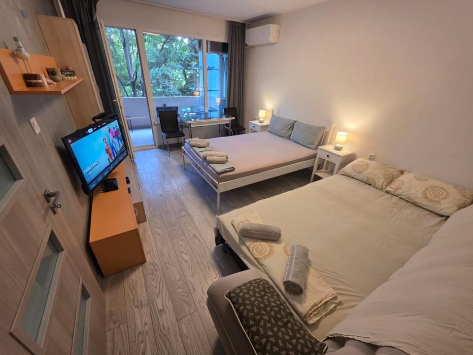 Communal lounge/ TV room, Bed, TV and multimedia, Living room, Photo of the whole room, Seating area, Evening entertainment, Bedroom, towels