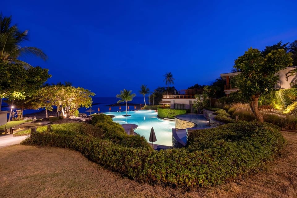 Property building, Night, Natural landscape, View (from property/room), Pool view, Pool view, Swimming pool