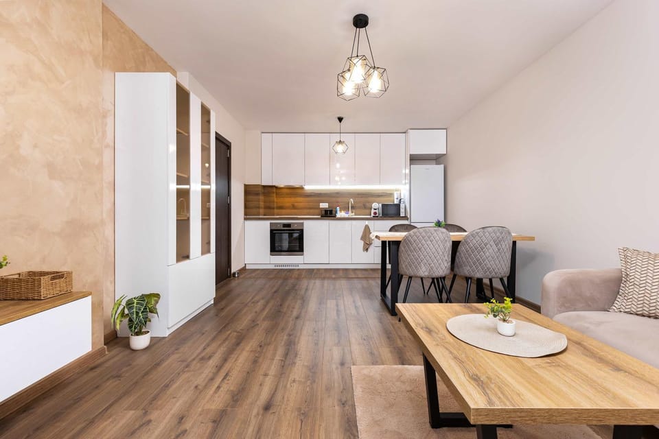 Kitchen or kitchenette, Living room, Seating area, Dining area, stove