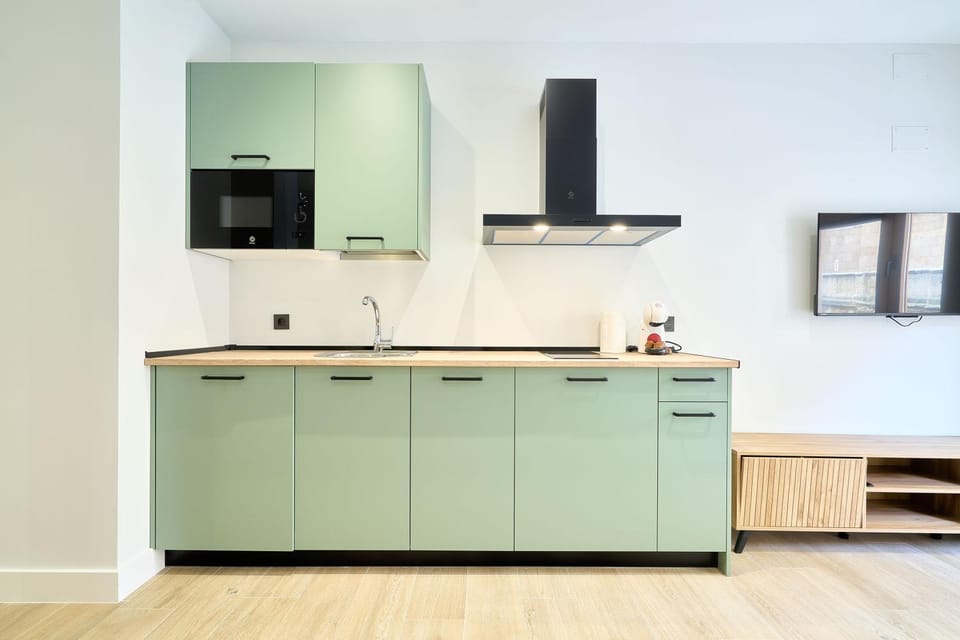 Kitchen or kitchenette, stove