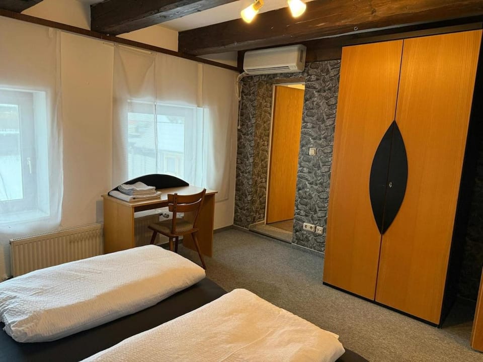 Bed, wardrobe