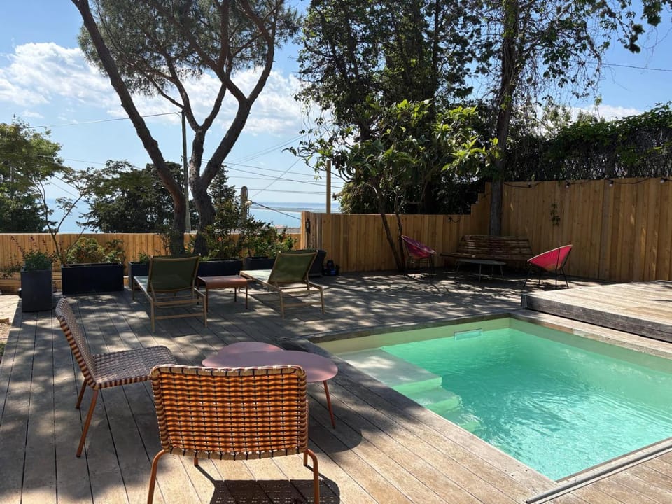 Patio, Natural landscape, Sea view, Swimming pool, sunbed