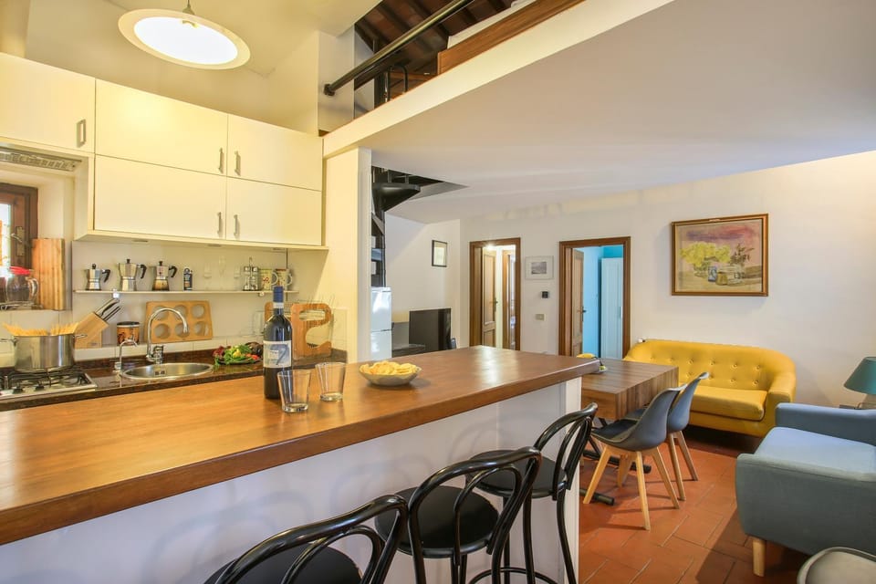 Kitchen or kitchenette, Living room, Dining area, stove