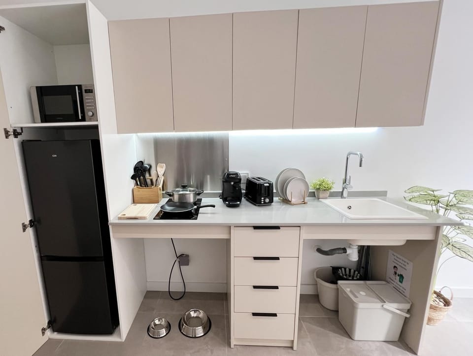 Kitchen or kitchenette, microwave